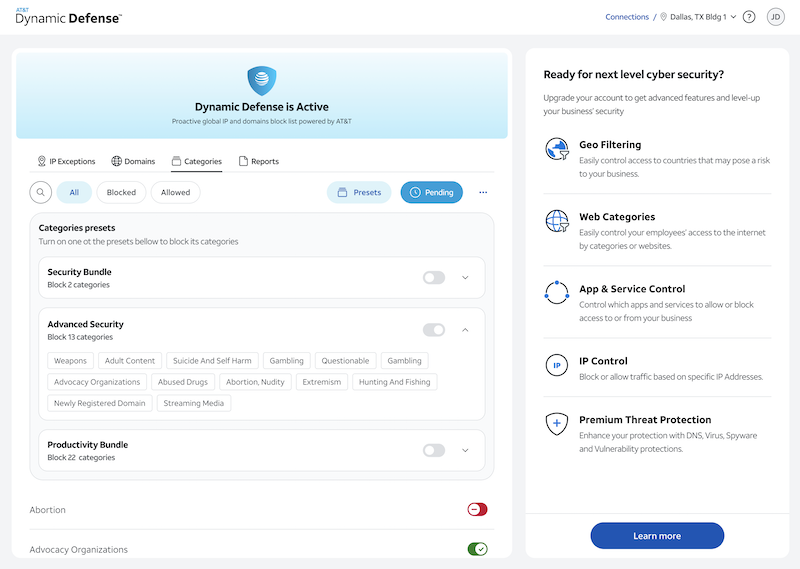 Templates that can be selected for customizing policy on standard portal